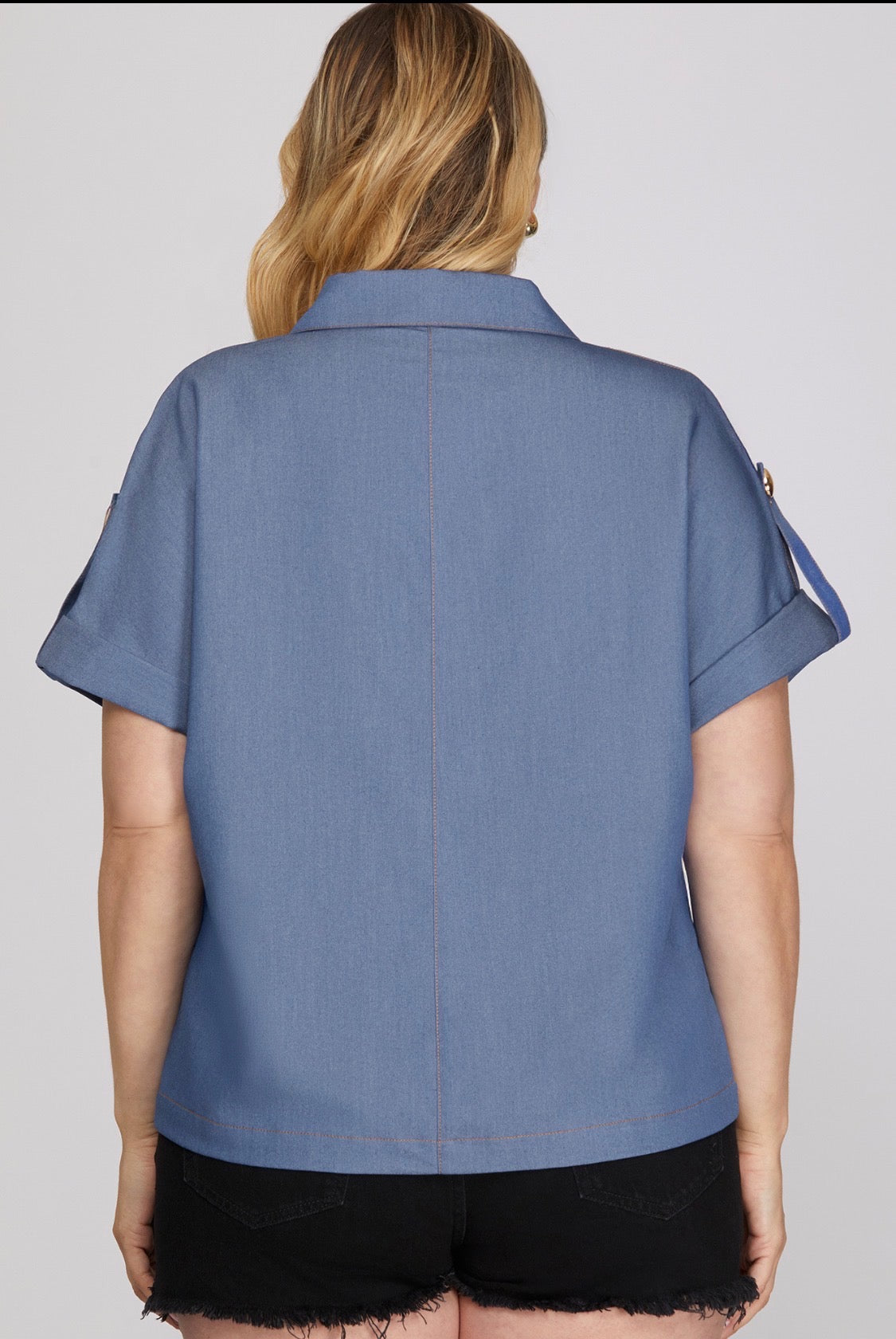 Plus Size Denim Drop Shoulder Roll,TapSleeve, with Gold Buttons