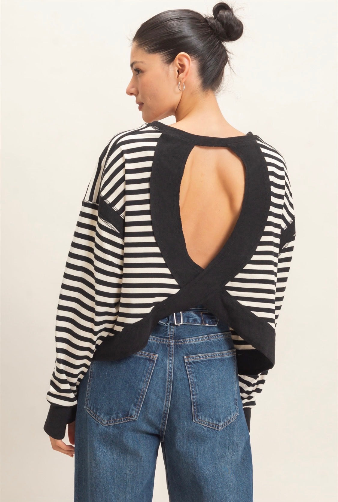 Striped long sleeve open back top