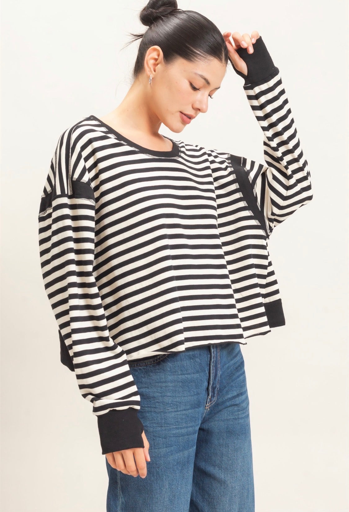 Striped long sleeve open back top