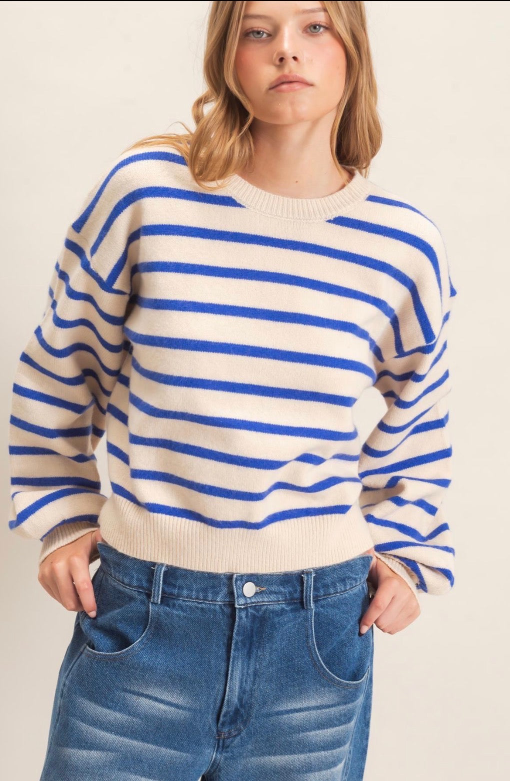 Striped Ribbed Crew Neck Sweater Button Back
