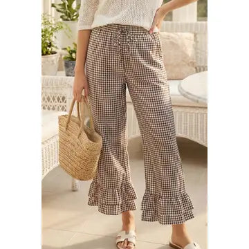 Gingham Casual Ruffle Cropped Pants