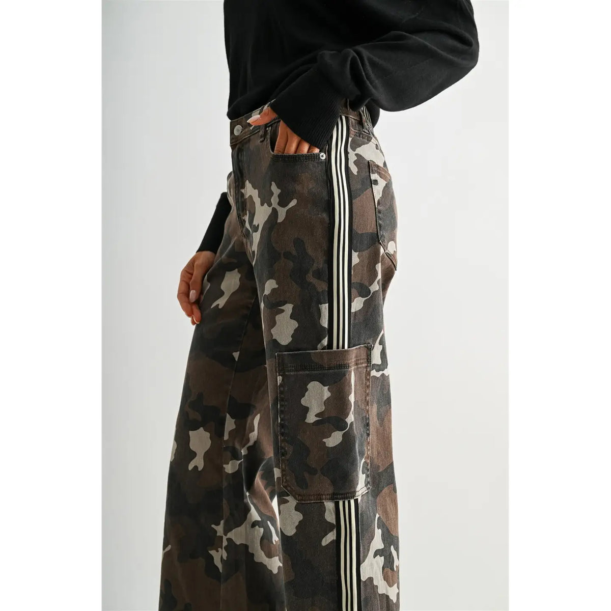 High-Rise Wide Jogger Camo Side Tape Detail Bottoms