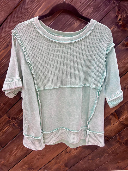 Soft Green with Waffle Knit short sleeve blouse by Easel