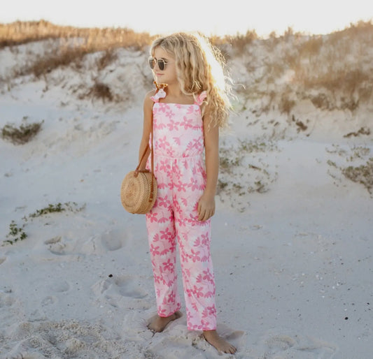 Girls' Pink and White jumpsuit w/ ruffle details