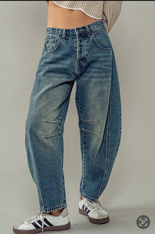Dark wash barrel jeans