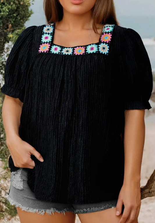 Black crochet neckline top