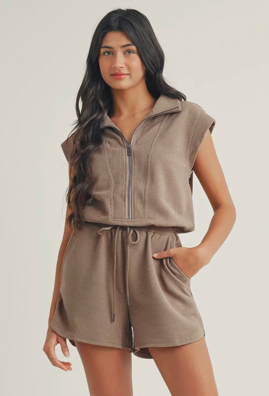 Textured Short Sleeve Half Zip Drawstring Waist Romper