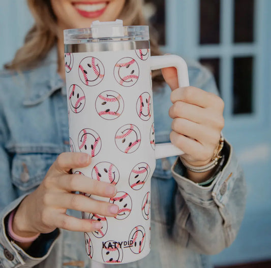 Smiley face baseball tumbler