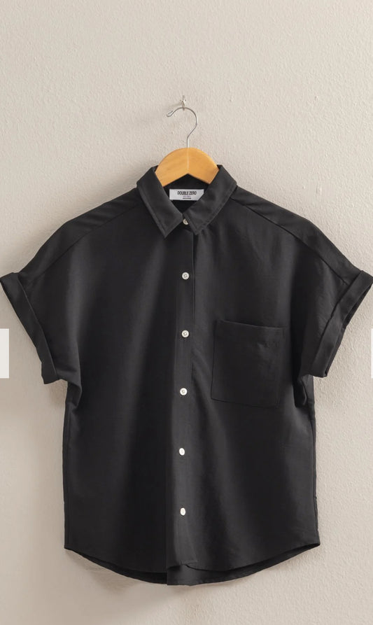 Black collared button woven top