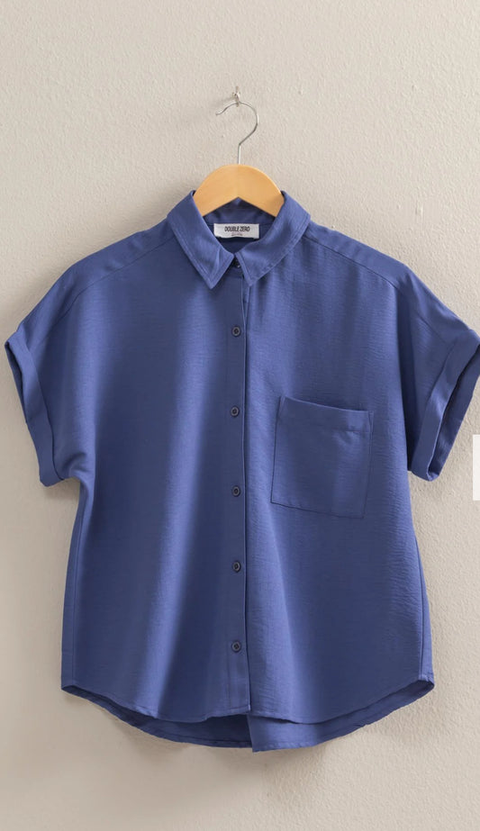 Dusty indigo collared button woven top