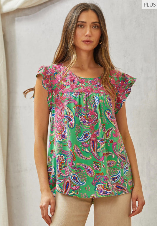 Paisley Ruffle Sleeve Blouse Plus Size
