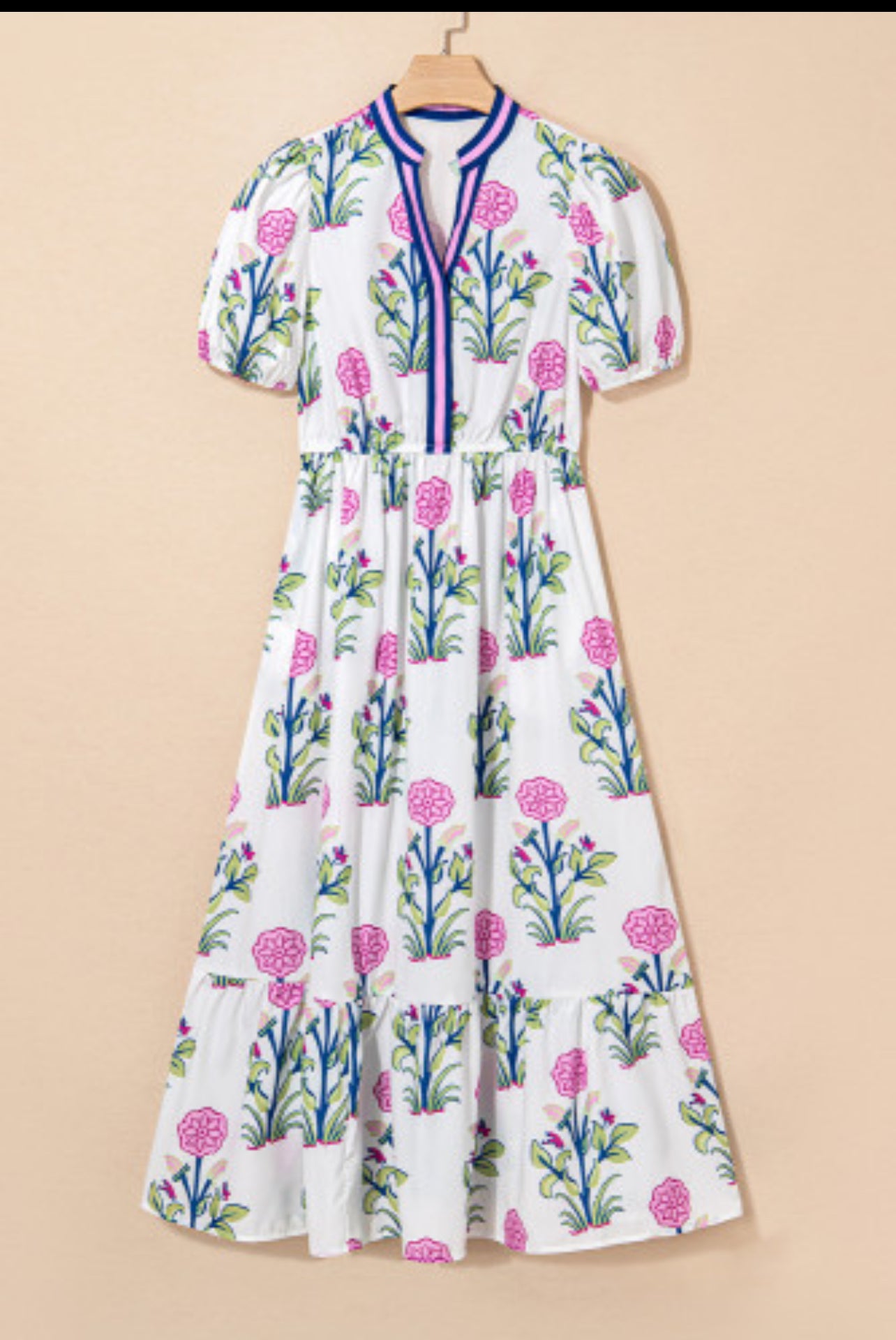 White Floral Puff Short Sleeve High Waist Maxi Dress