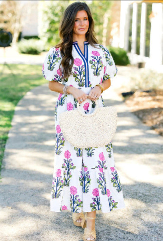 White Floral Puff Short Sleeve High Waist Maxi Dress