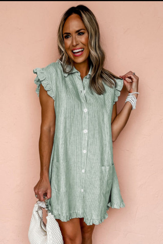 Green Stripe Ruffle Dress