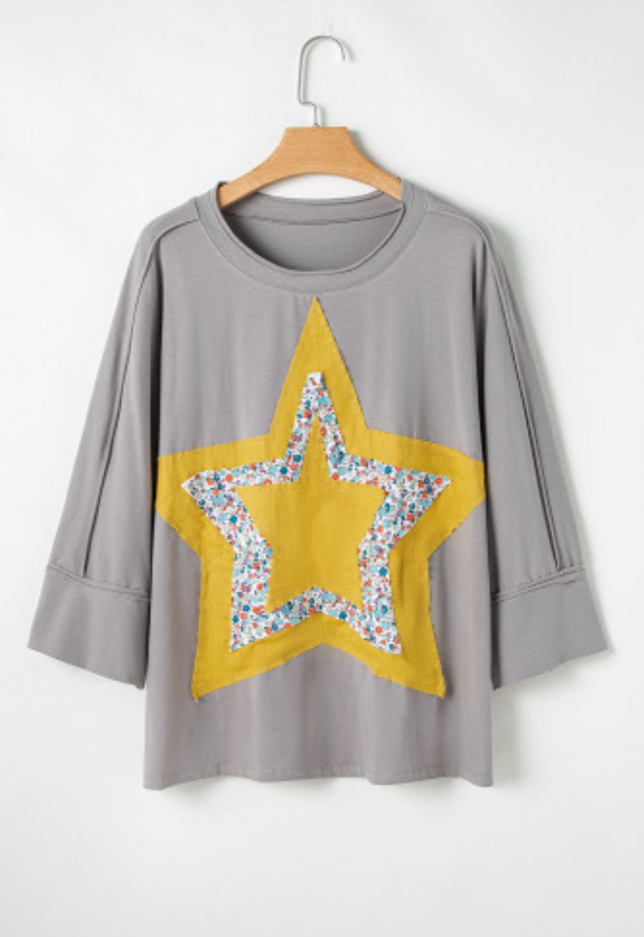 Plus Size Gray Floral Star Patch Blouse