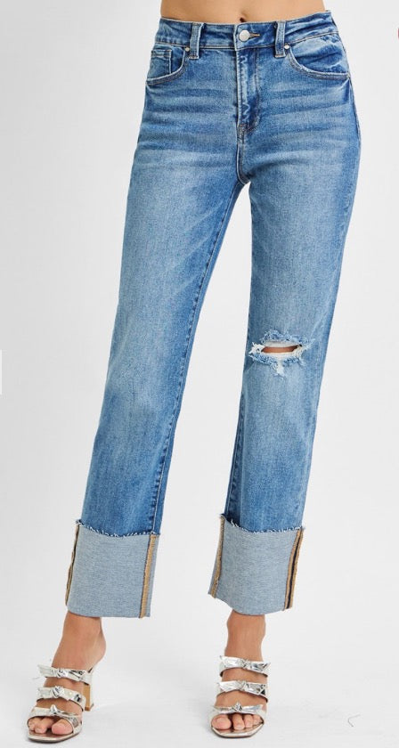 HIGH RISE RISEN ANKLE STRAIGHT WIDE CUFFED JEANS