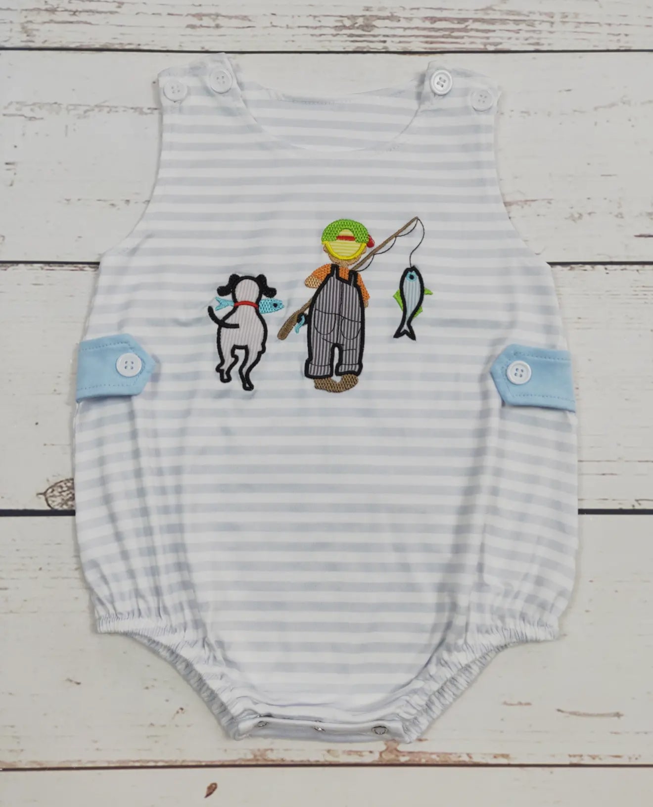 Baby boy fishing lure appliqué bubble outfit