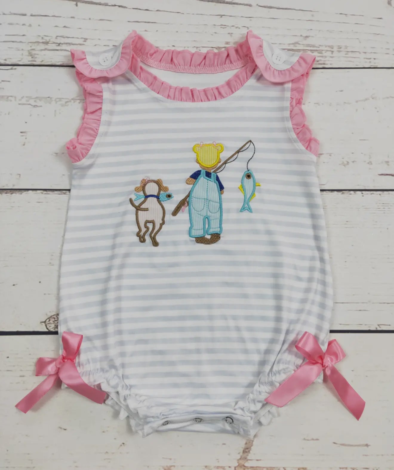 Baby girl fishing lure appliqué bubble outfit