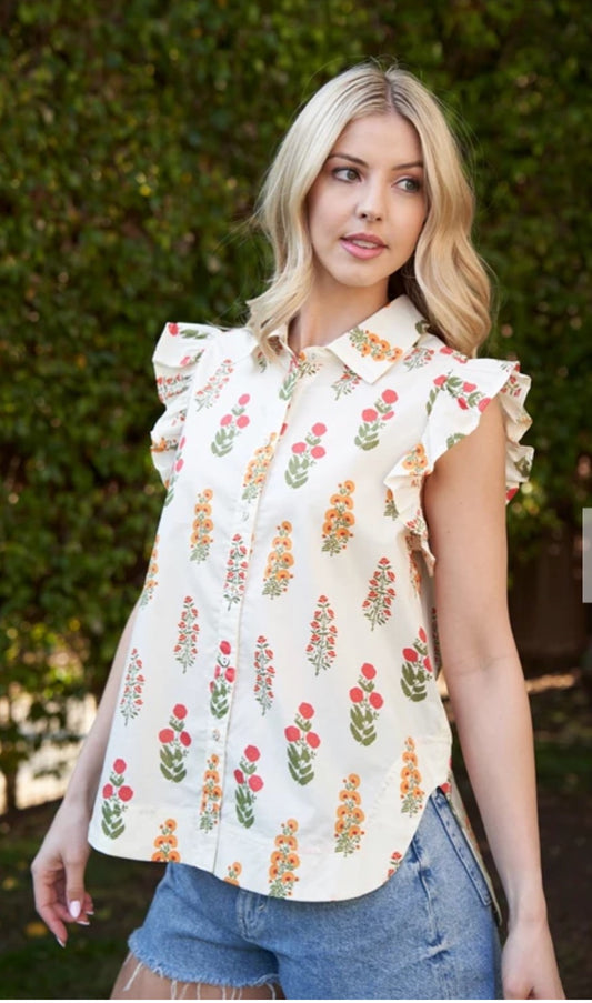 Floral button up top with ruffle sleeves
