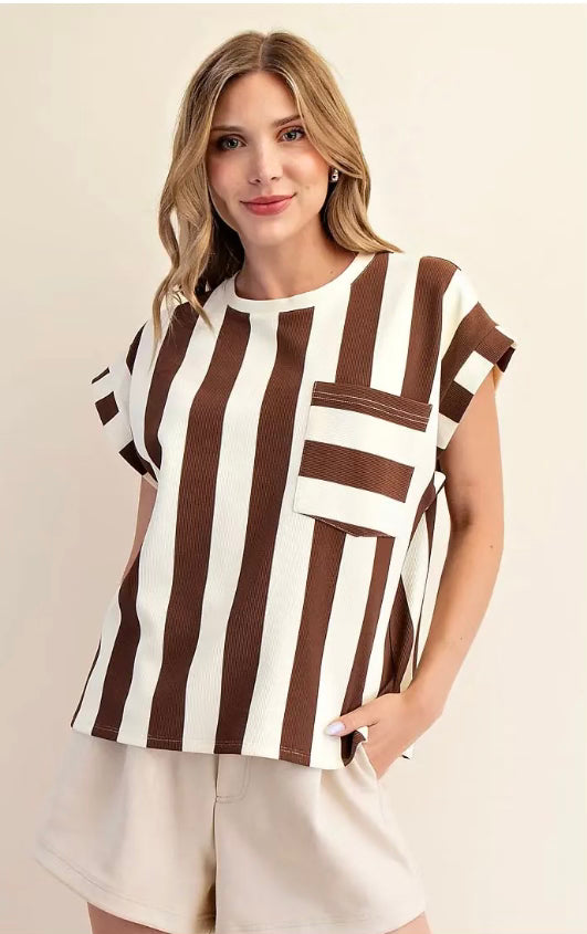 Brown Stripe Pocket Blouse