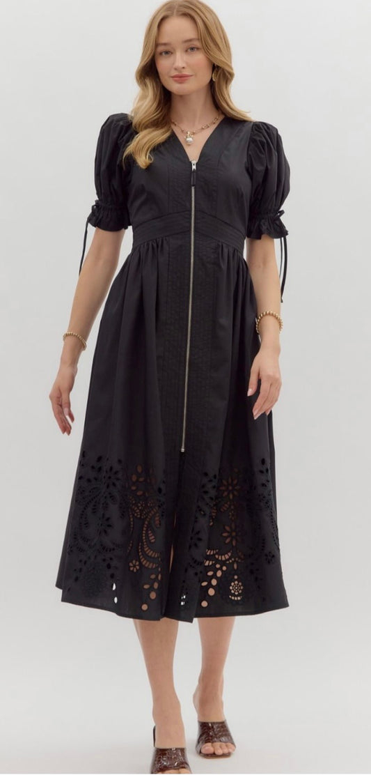 Solid short puff sleeve midi dress