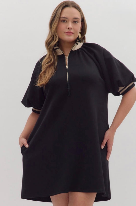 Solid mini dress with front zipper and multicolor ribbed trim