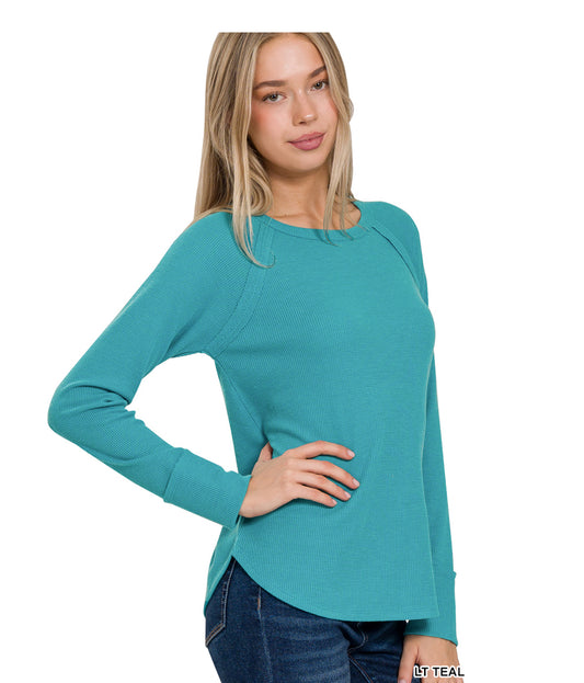 Teal baby waffle long sleeve top