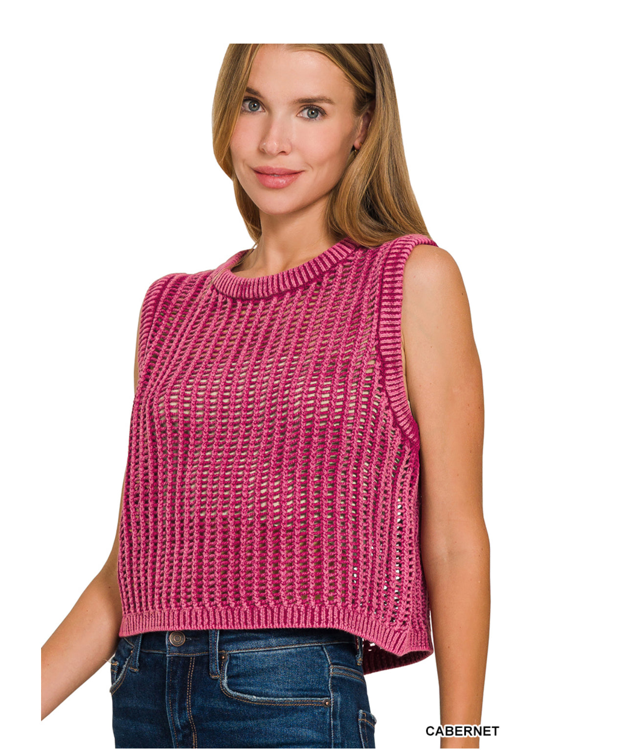 Cabernet Acid Washed Fishnet Sweater Vest
