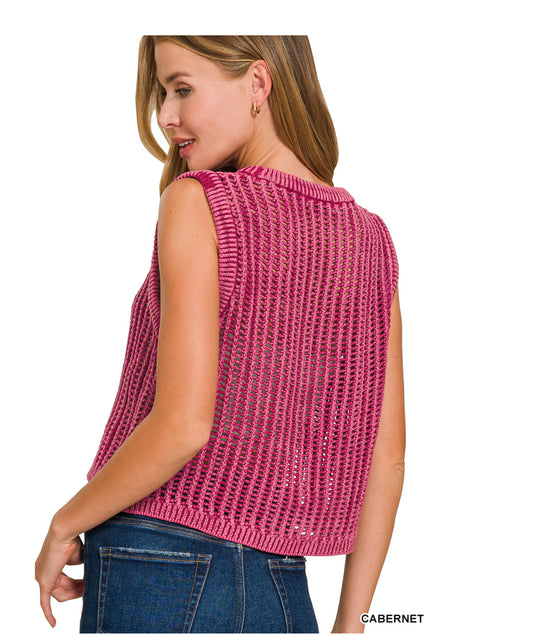 Cabernet Acid Washed Fishnet Sweater Vest