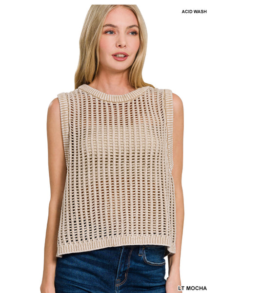 Light Mocha Acid Washed Fishnet Sweater Vest