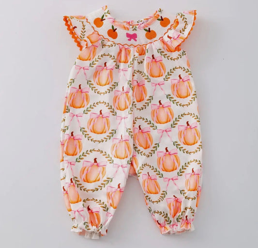Girls Pumpkin Lattice Smocked Romper