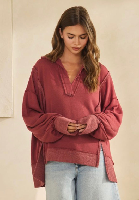 Terry Long Sleeve V Neck Sweatshirt