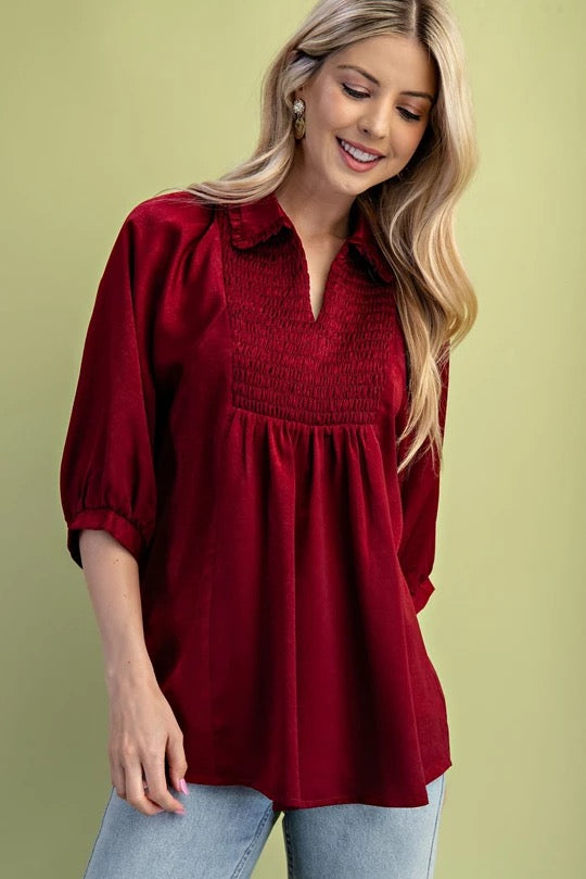 Satin V-Neck Blouse with a Smocked Yoke and Ruffled Collar