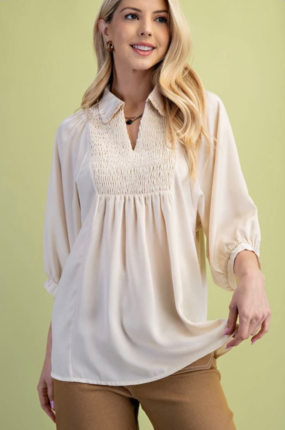 Satin V-Neck Blouse with a Smocked Yoke and Ruffled Collar