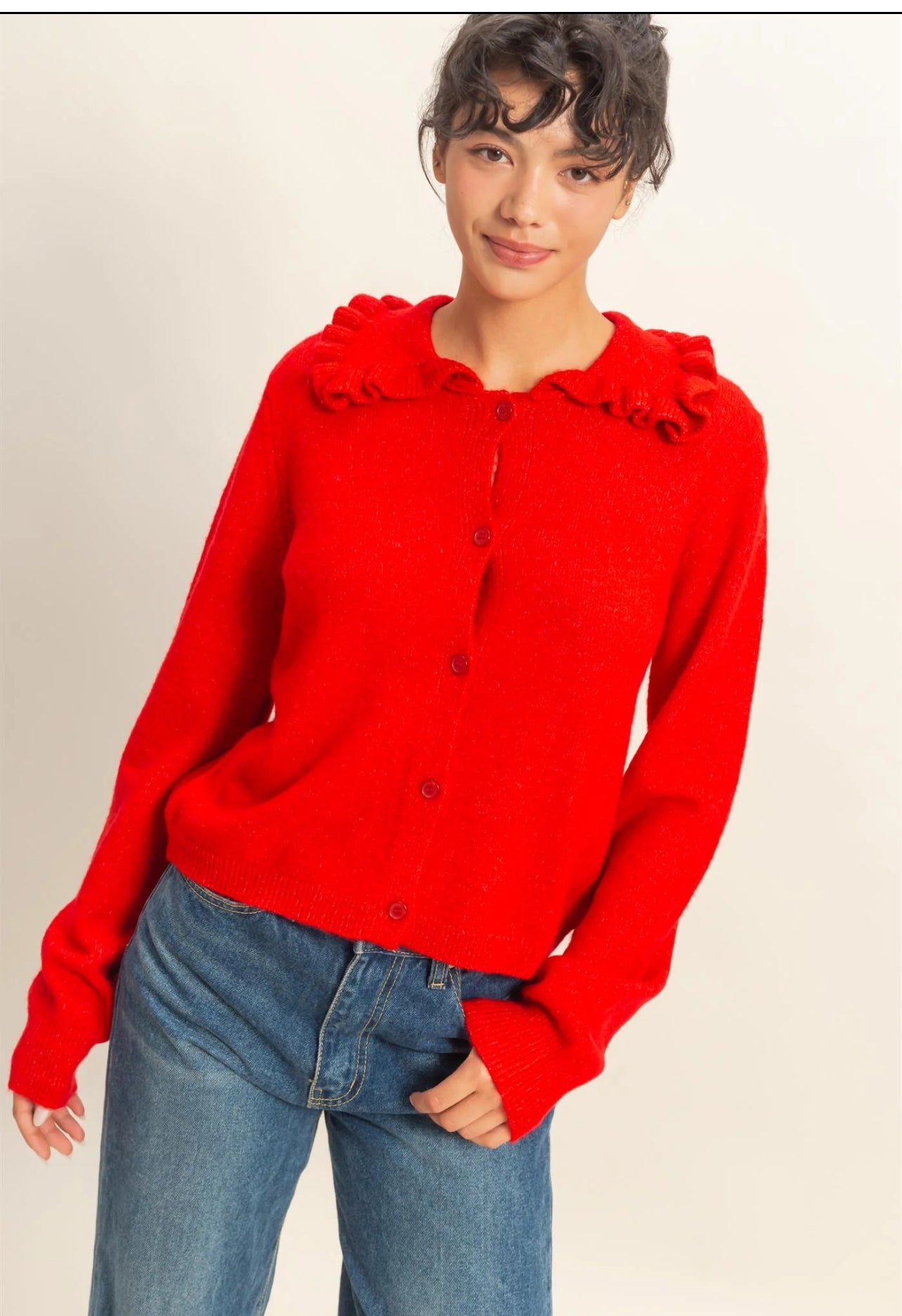 Red Ruffle Collar Cardigan Sweater