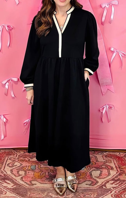 Long Black Dress with Cream Detail