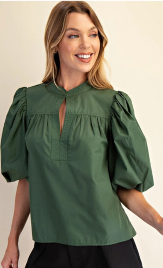 Olive Green Bubble Sleeve Blouse