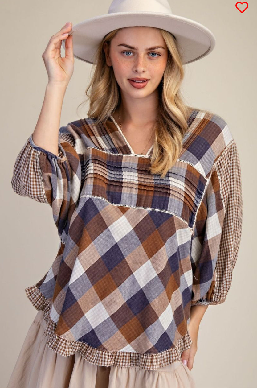 Checkered Wash Cotton Gauze Top