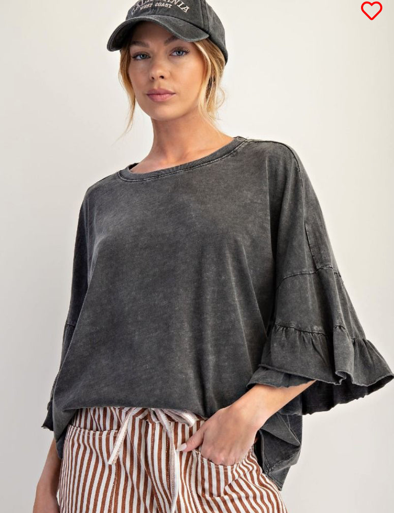 Wing Ruffle Sleeves Washed Cotton Top