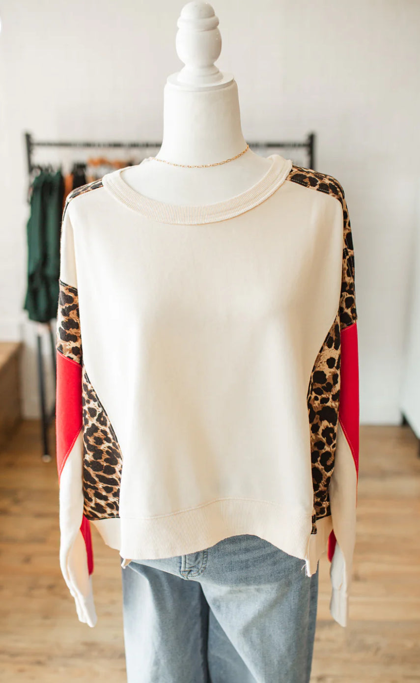 Beige Sweatshirt with Red and Leopard Detailing