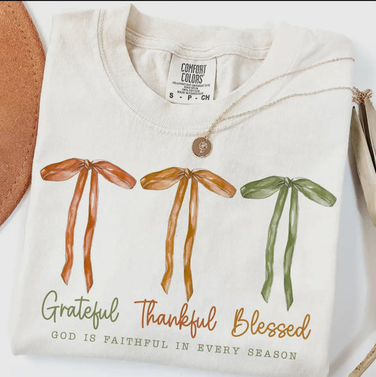Grateful Thankful Blessed Bow Tee