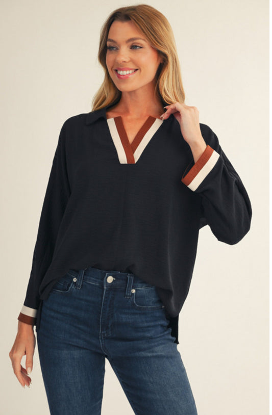 Drop Shoulder V Neck Solid Top With Color Accents