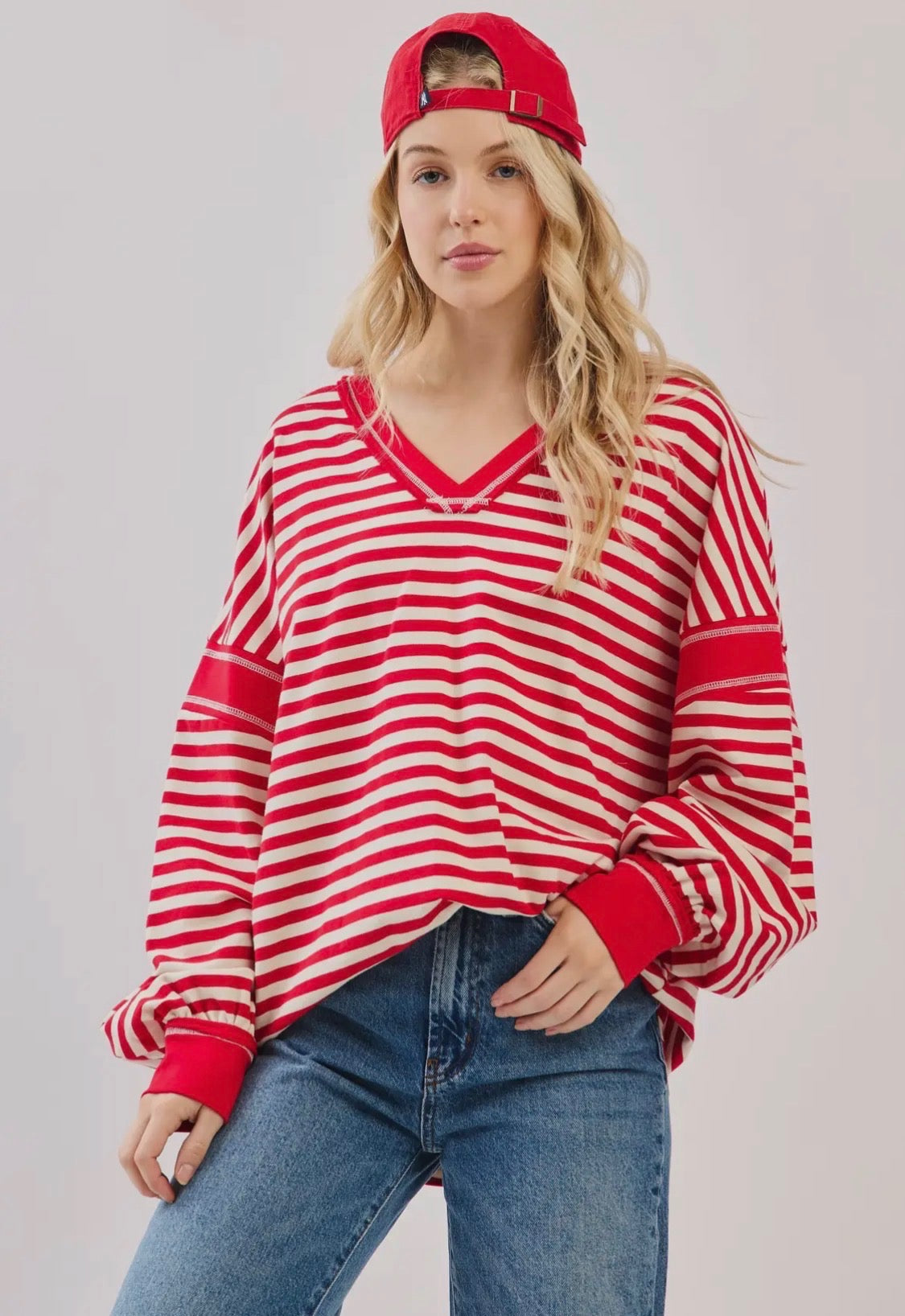 Red Striped Knit Sweatshirt