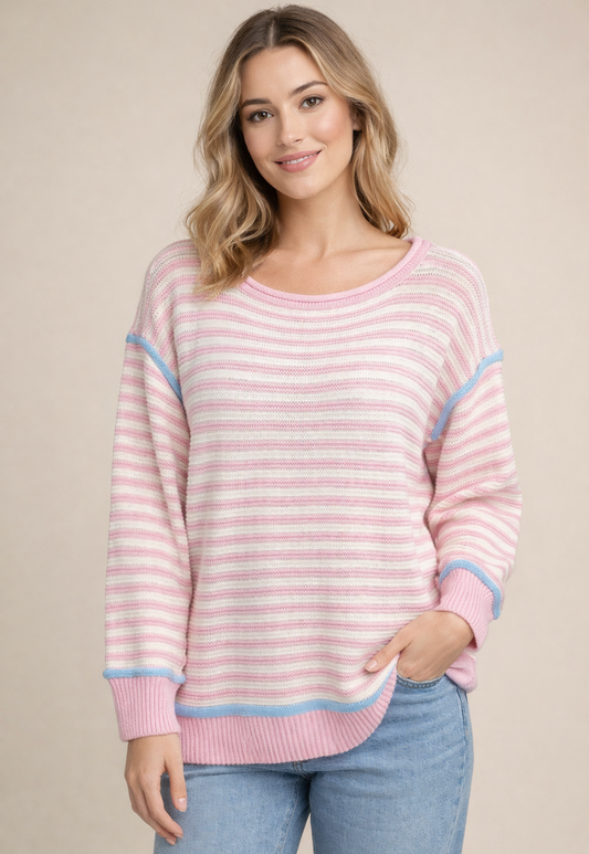 Pink Striped Oversized Long Sleeve With Blue Detailing Sweater