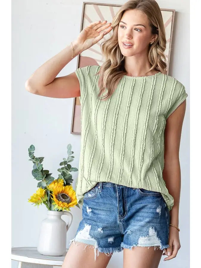 Solid Textured Cap Sleeve Pullover Blouse