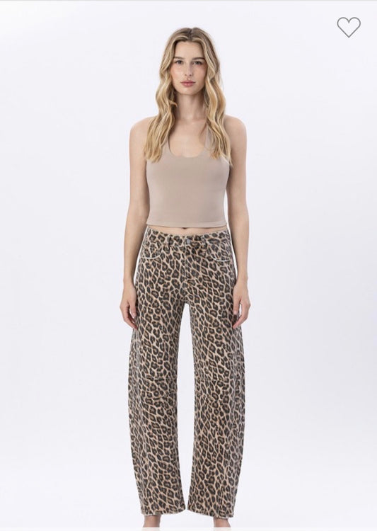 High Rise Leopard Barrel Jeans