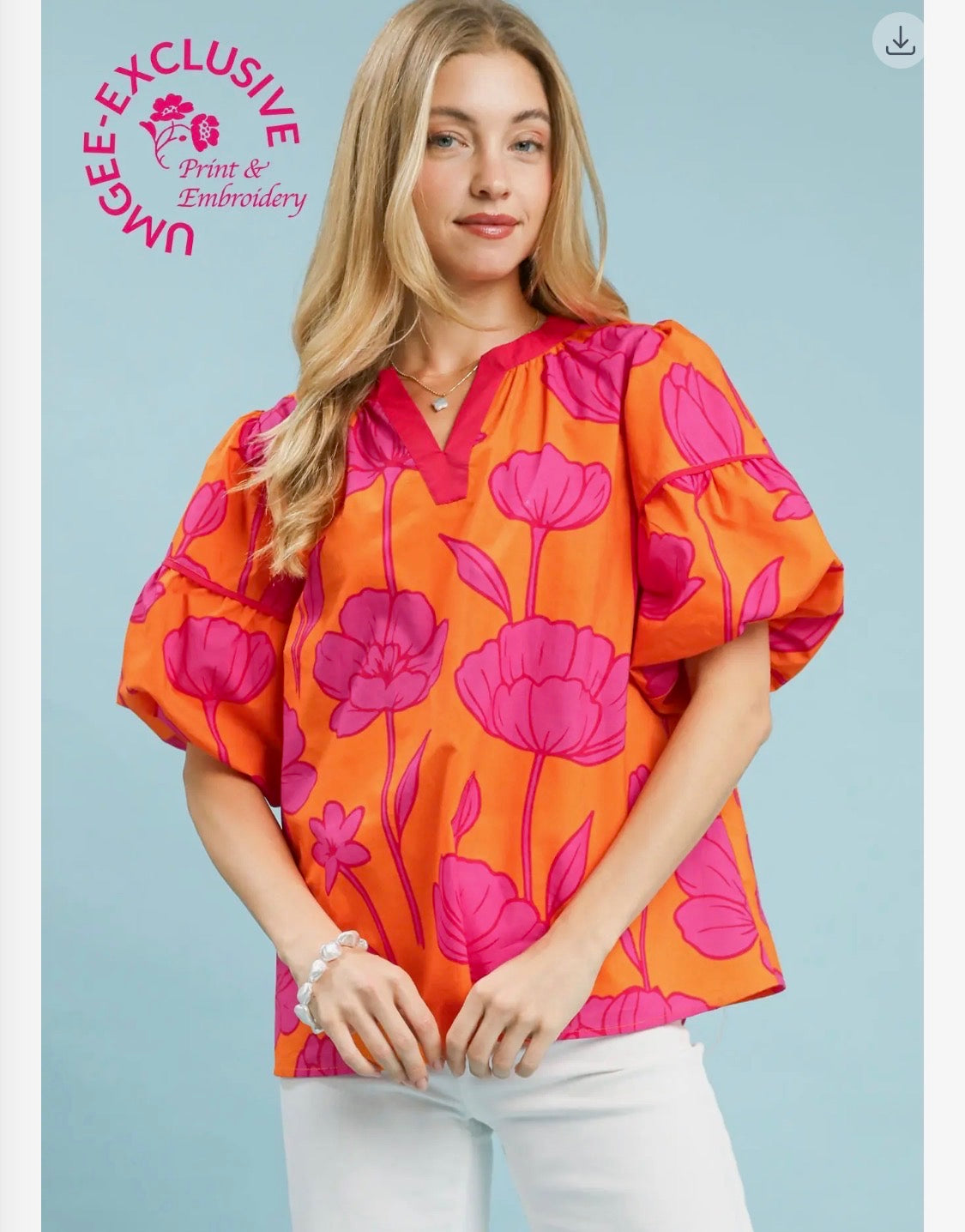 Floral Tangerine Mix Puff Sleeve Blouse