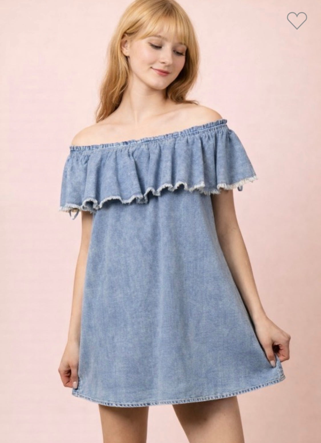 Off The Shoulder Mini Frayed Denim Dress With Side Pockets