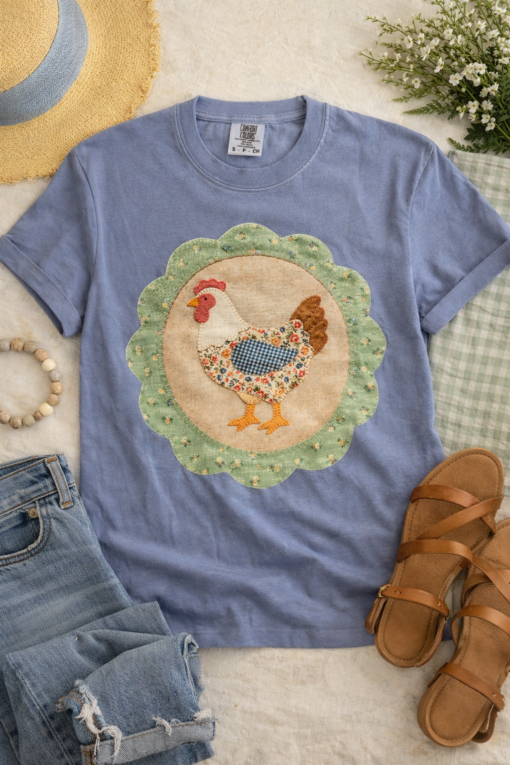 Patchwork Chicken Blue Comfort Colors Tee