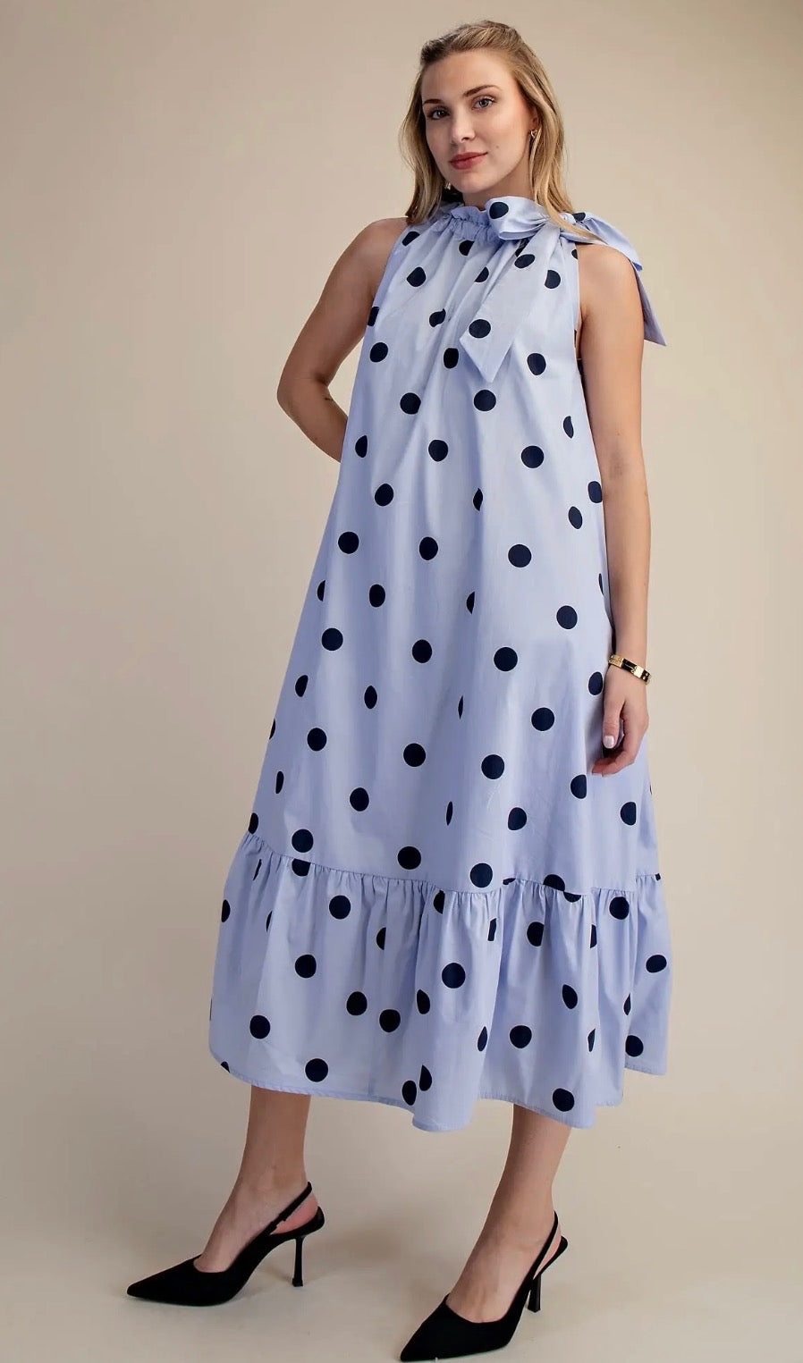 Ruffle Neck Tie Sleeveless Polka Dot Midi Dress